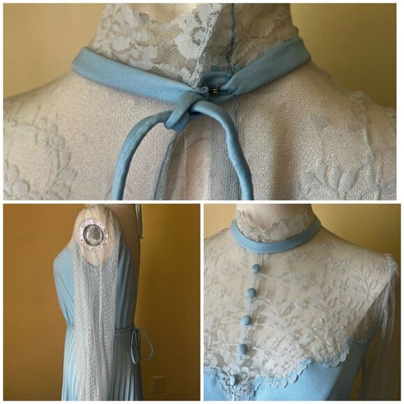 Vintage 70s Blue Lace Long Sleeve Nightgown Hostess Dress Victorian Small - Picture 7 of 12